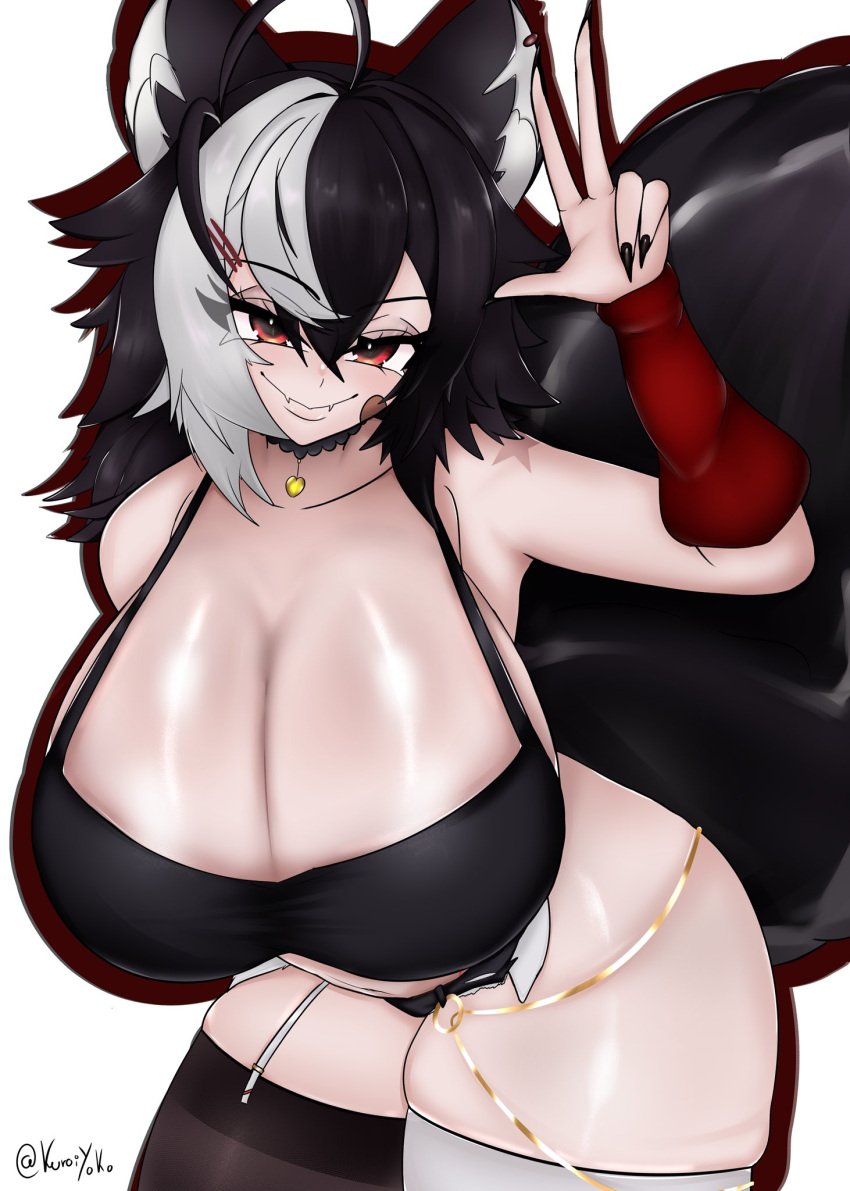 ahoge animal_ear_fluff animal_ears bare_shoulders black_hair black_legwear borrowed_character breasts choker cleavage female garter_straps hair_between_eyes huge_breasts jewelry looking_at_viewer momotexx_(vtuber) multicolored_hair nail_polish necklace panties red_eyes short_hair smile solo spaghetti_strap tail thick_thighs thighhighs thighs two-tone_hair underwear v vyugen white_hair