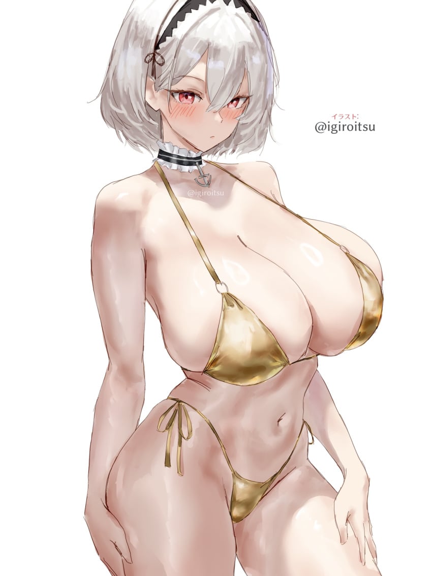 absurdres azur_lane bikini blush breasts choker closed_mouth cowboy_shot female gold_bikini hairband highres huge_breasts igiroitsu looking_at_viewer micro_bikini navel red_eyes simple_background sirius_(azur_lane) solo stomach swimsuit white_background white_hair