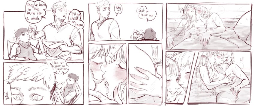 2boys 2girls areolae arm_around_partner barely_visible_genitalia barely_visible_pussy bath bathing bathing_together big_breasts biting_lip blonde_hair blush breast_grab breast_size_difference breasts chilchuck_tims close-up closed_eyes comic completely_nude delicious_in_dungeon dialogue drinking dungeon_meshi ear_blush elf_ears elf_female english_text falin_touden fanon_couple female female_pubic_hair finger_fuck fingering fingering_partner french_kiss fully_clothed greyscale half-closed_eyes half-elf hand_on_another's_chest hand_on_another's_face hand_on_another's_stomach happy_sex highres hot_spring ijessbest kissing laios_touden large_breasts lighting long_hair looking_at_partner looking_pleasured lying lying_on_back marcille_donato moaning monochrome nipples partially_submerged partially_visible_vulva pointy_ears pubic_hair pussy pussy_peek romantic romantic_couple sitting small_breasts smile speech_bubble spread_legs standing surprised unseen_female_face visible_breath white_background wholesome yuri