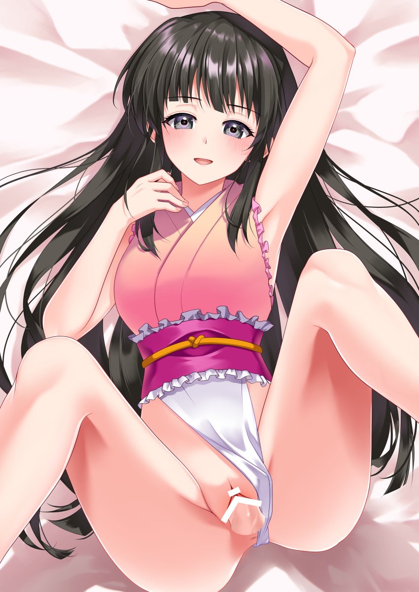 1boy :d absurdres anus armpits ass bar_censor bed beni8h black_eyes black_hair breasts censored clothing_aside commentary_request commission erection female frilled_leotard frills from_above highres hime_cut houraisan_kaguya leotard leotard_aside long_hair looking_at_viewer lying medium_breasts on_back open_mouth penis pink_leotard pixiv_commission pussy sex smile solo_focus spread_legs spread_pussy touhou touhou_tag_dream vaginal_penetration wrestling_outfit