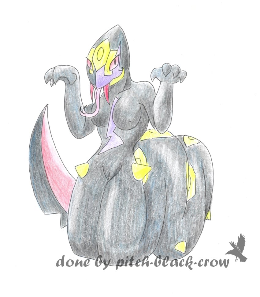 black breasts claws fangs female forked_tongue high_resolution naga pitch-black-crow pokemon pokemon_(species) pussy red_eyes red_teeth scalie seviper snake solo tongue