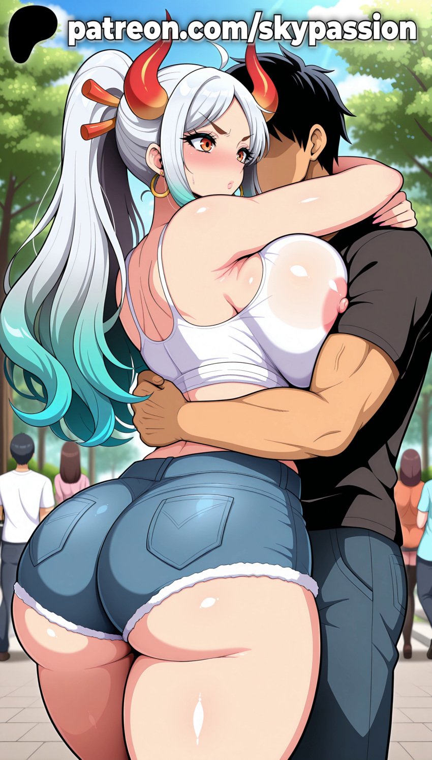 1boy 1girls 2025 ai_assisted ai_generated anime aqua_hair areolae_visible_through_clothing artist_name ass bare_shoulders big_ass big_breasts big_butt big_chest black_hair blue_hair blush booty braless breasts breasts_out bubble_ass bubble_butt bust busty buttocks chest clothed_female clothed_female_clothed_male covered_nipples cow_ears curvy_ass curvy_butt denim denim_shorts earrings fat_ass female firm_ass giant_ass gradient_hair gradient_horns grass heavy_ass hi_res high_ponytail high_quality high_resolution highres horns hug huge_ass hugging hugging_partner jewelry juicy_ass juicy_butt large_ass large_breasts long_hair massive_ass multicolored_hair multiple_boys nipples_visible_through_clothing no_bra one_piece orange_horns outdoors patreon patreon_username perfect_ass plump_ass red_horns round_ass sexy_ass shiny_skin short_shorts shorts silver_hair sitting skypassion stable_diffusion straight t-shirt tank_top thick_ass thick_thighs thighs tight_ass tree voluptuous_ass watermark white_hair white_shirt white_tank_top wide_ass yamato_(one_piece)