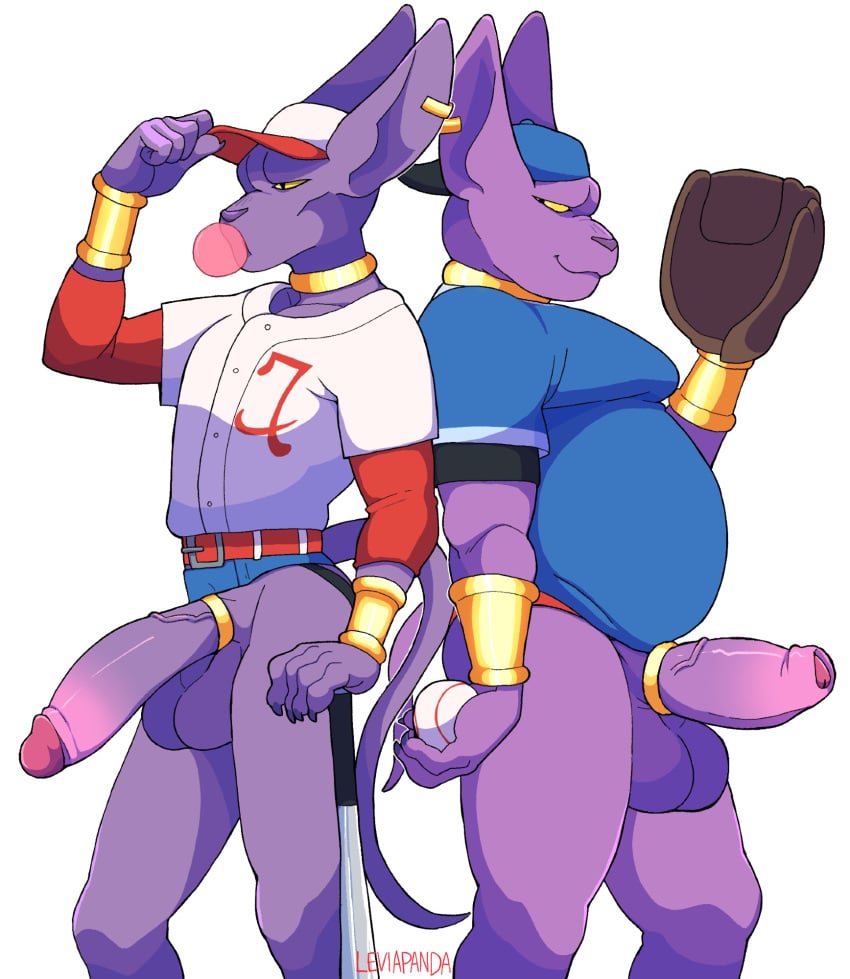 accessory alien anthro ass balls baseball baseball_cap baseball_glove beerus belly big_bulge bottomless bottomless_male brother_(lore) brothers_(lore) bubble_gum bulge champa clothed clothing cock_ring domestic_cat dragon_ball dragon_ball_super duo erection felid feline felis foreskin genitals hat headgear headwear hi_res jewelry leviapanda male male/male mammal overweight penis penis_accessory penis_jewelry purple_body sibling_(lore) vein veiny_penis