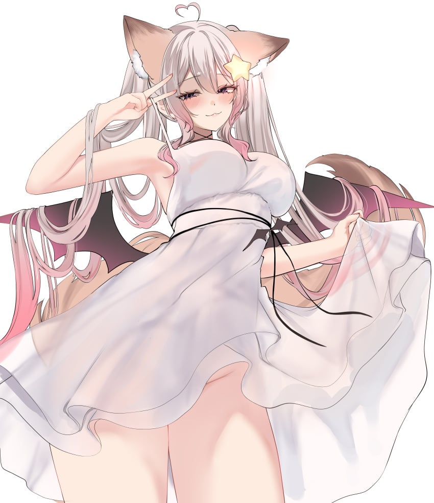 acedia_(acedia09) ahoge animal_ear_fluff animal_ears annytf arm_up armpits ass_visible_through_thighs bangs bare_shoulders blush breasts closed_mouth cowboy_shot dress eyebrows_visible_through_hair female gradient_hair hair_between_eyes hair_ornament heart large_breasts long_hair looking_at_viewer multicolored_hair pink_hair see-through sleeveless sleeveless_dress smile solo standing star_(symbol) star_hair_ornament striped tagme tail thighs twintails v vertical_stripes very_long_hair virtual_youtuber vtuber white_background white_dress wings