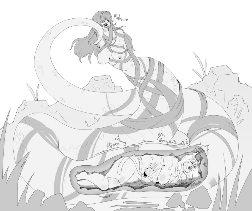 2girls armless blush breasts closed_eyes digestion digestion_noises drawfag erect_nipples fangs female greyscale horns internal_view kimono lamia long_hair long_tongue miyoshino_(nioh) moaning nioh nioh_2 nipples nure-onna nure_onna open_kimono snake_girl snake_tongue spoken_heart stomach_acid struggling struggling_prey unwilling_prey vore willing_pred yokai