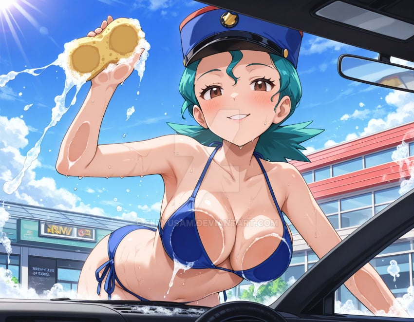 2025 4kids_entertainment ai_generated anime blue_bikini blue_eyebrows blue_hair brown_eyes clouds deviantart drawing elryusam looking_at_viewer meta nintendo not_porn officer_hat officer_jenny_(pokemon) orange_cheeks pokemon smile_at_viewer smiling_at_viewer sun sunlight sunlight_rays tomboy washing_car wholesome