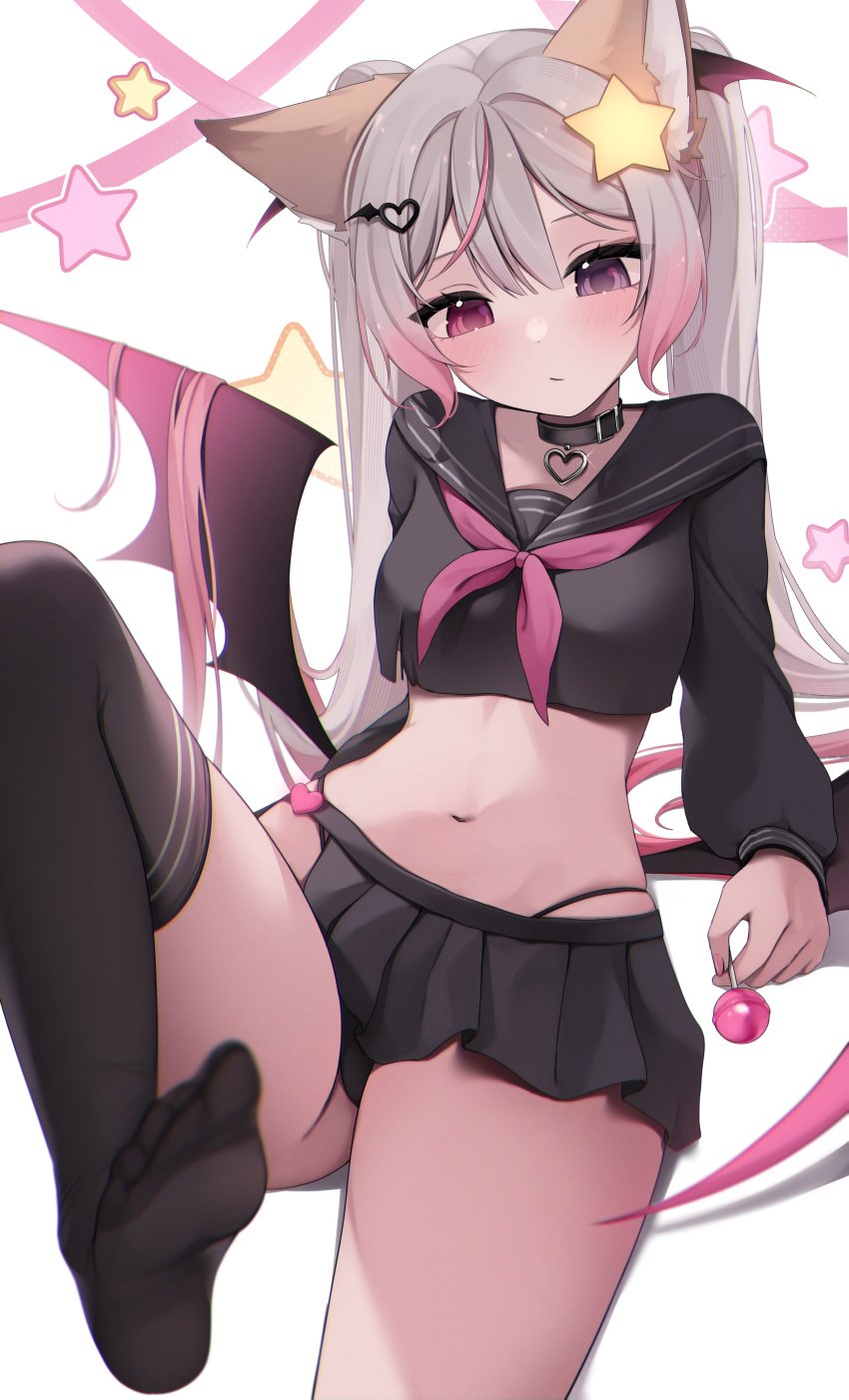 animal_ears annytf bangs black_choker black_legwear black_panties black_sailor_collar black_serafuku black_shirt black_skirt blush breasts candy cat_girl choker closed_mouth collar collarbone crop_top feet female food frown hair_ornament heart highleg holding knee_up leg_up lollipop long_hair long_sleeves looking_at_viewer medium_breasts microskirt midriff miniskirt multicolored_hair navel neckerchief no_shoes panties pink_eyes pink_hair pleated_skirt sailor_collar school_uniform serafuku shirt single_thighhigh skirt solo star_(symbol) star_hair_ornament starry_background stomach streaked_hair striped striped_background tail thighhighs thighs twintails underwear v-shaped_eyebrows very_long_hair white_background wings