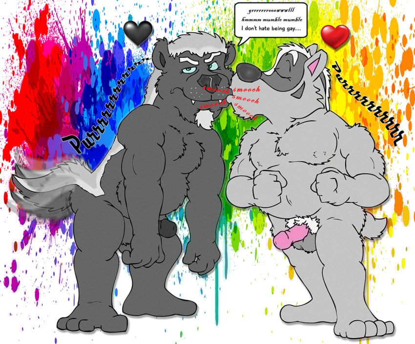 anthro badger black_body black_fur black_nose black_text bruce_(brucebadger) brucebadger cole_ratel detailed_background dialog_balloon dialogue duo english_text fur genitals grey_body grey_fur heart_symbol kissing male male/male mammal mustelid musteline penis purring red_text sound_effects tail tail_motion tailwag text white_body white_fur