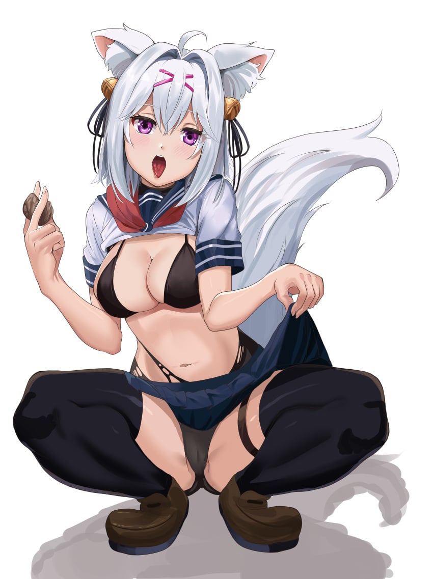 ahoge animal_ear_fluff animal_ears antenna_hair bangs bell black_bikini black_bow black_bra black_footwear black_legwear black_panties black_sailor_collar black_skirt blue_skirt blush bra breasts brown_footwear chocolate cleavage crop_top eyebrows_visible_through_hair female filian_(vtuber) food fox_ears fox_tail full_body hair_bell hair_between_eyes hair_intakes hair_ornament holding holding_food jingle_bell large_breasts lifted_by_self loafers long_hair looking_at_viewer midriff miniskirt navel neckerchief open_mouth panties pleated_skirt purple_eyes red_neckwear ribbon sailor_collar saliva school_uniform serafuku shirt shirt_lift shoes short_sleeves silver_hair simple_background skirt skirt_lift solo spread_legs squatting stomach striped tagme tail thighhighs thighs tiptoes tongue tongue_out underwear very_long_hair white_background white_shirt