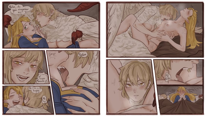 2boys 2girls absurd_res anticipation arm_around_partner assertive_female bed bed_sheet between_legs big_breasts biting_lip blonde_hair blush blushing_profusely breast_size_difference breast_sucking breasts chibi chilchuck_tims claws cleavage close-up closed_eyes comic completely_nude cunnilingus delicious_in_dungeon dialogue dragon_tail dream dungeon_meshi ear_blush elf_ears elf_female english_text falin_touden falin_touden_(chimera) fangs fanon_couple fantasizing feathers female flustered full-face_blush fully_clothed green_eyes grey_background half-closed_eyes half-elf hand_in_another's_hair hand_on_another's_chest hand_on_another's_stomach happy_sex highres ijessbest imagining imminent_cunnilingus imminent_oral imminent_sex in_bed laios_touden large_breasts licking licking_neck lighting long_hair looking_at_partner looking_away looking_pleasured lying lying_on_back lying_on_bed lying_on_side male marcille_donato mischievous_smile moaning nervous nipples panties panty_pull partially_clothed pointy_ears removing_panties romantic romantic_couple saliva saliva_string sheet_grab sitting sleeping small_breasts smile sound_effects speech_bubble spread_legs sweatdrop tail tears tears_of_joy topless under_covers undressing undressing_another unseen_female_face visible_breath waking_up wet_dream white_border white_panties wholesome yellow_eyes yuri