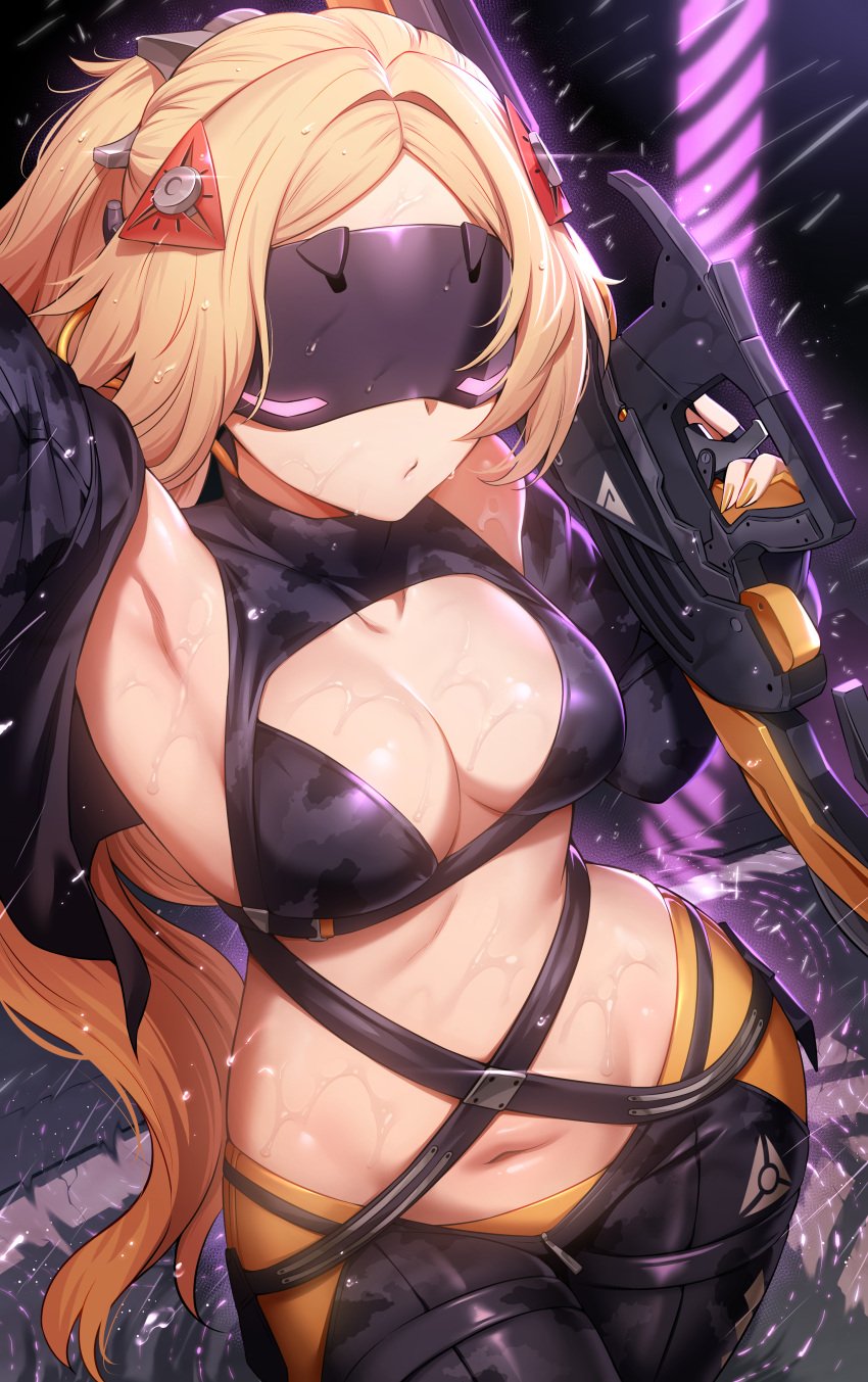 armpits black_gloves black_pants blindfold blonde_hair breasts bullpup cleavage covered_eyes female gloves gun hair_ornament holding holding_gun holding_weapon jacket large_breasts long_hair mask multicolored_clothes navel pants parted_bangs rain solo submachine_gun sweat tagme twintails weapon
