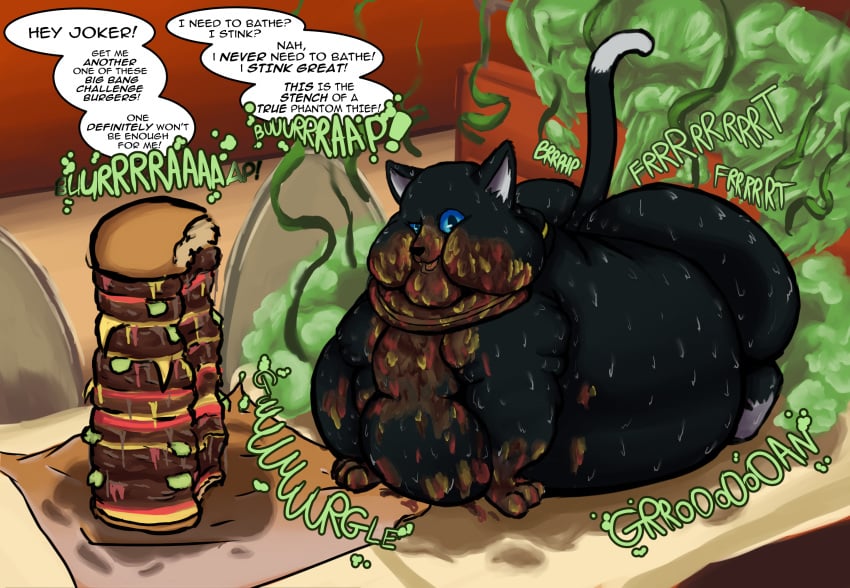 ass bad_breath belly belly_on_ground big_butt black_body black_fur blue_eyes bodily_fluids breath burger burping chubby_cheeks collar colored domestic_cat double_chin english_text fart fart_cloud fart_fetish felid feline felis feral food food_stains fur grease hi_res looking_at_viewer male male_only mammal morbidly_obese morbidly_obese_feral morbidly_obese_male morgana_(persona) obese obese_feral obese_male overweight overweight_feral overweight_male persona_(series) persona_5 raised_tail restaurant rotten_teeth rumbling_stomach shaded slob smelly solo stain stench sweat sweaty_butt tail teeth text theelpida white_body white_fur yellow_collar yellow_teeth