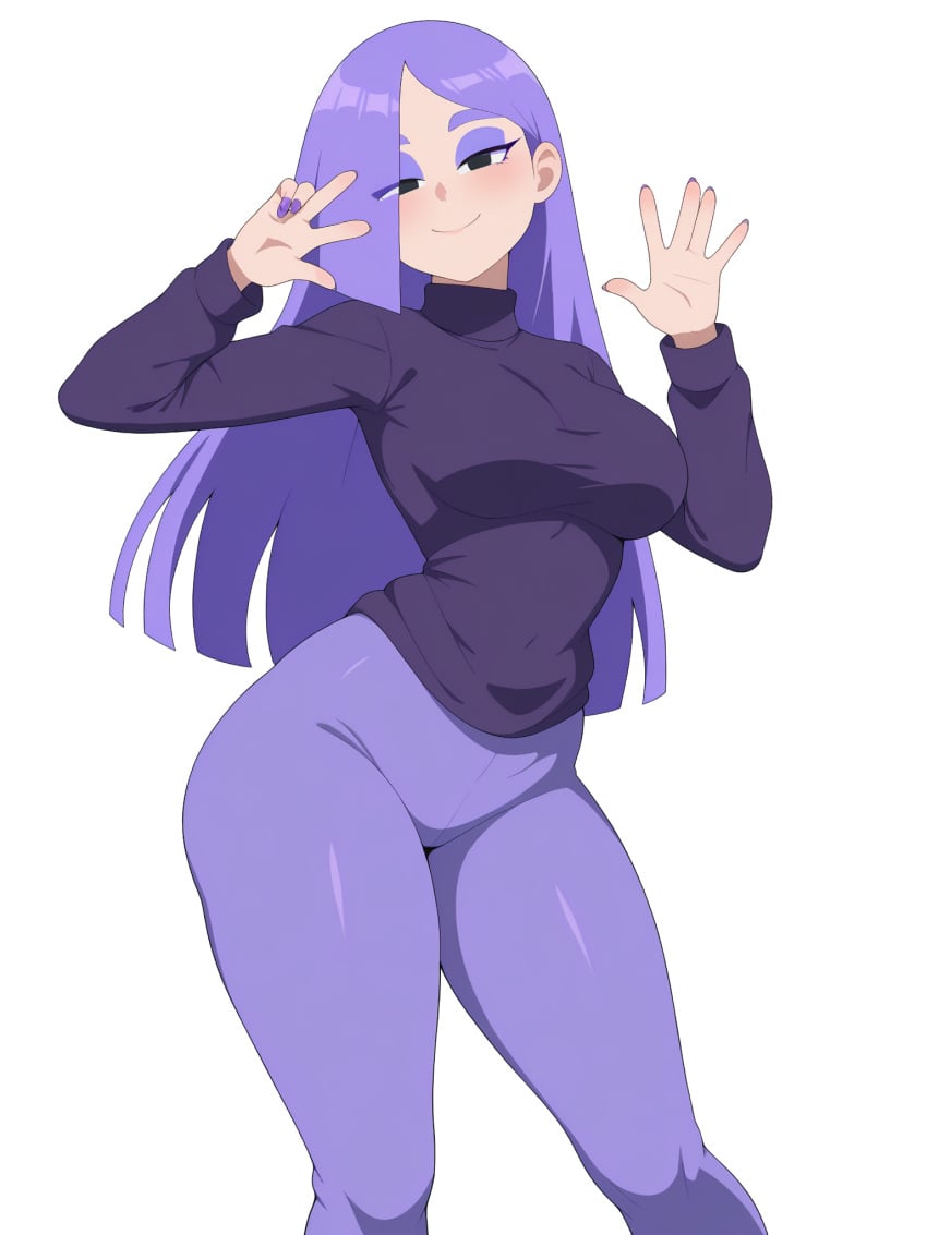 ai_generated at background breasts clothed clothing duolingo emo female fingernails focus fully girl hair hips human light light-skinned lily_(duolingo) looking medium only pants purple skin slim small smartphone solo teasing thin turtleneck viewer waist white wide yoga