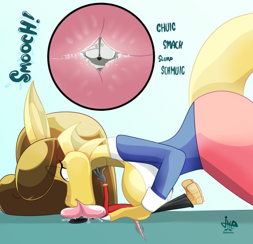 2d 2d_(artwork) big_lips breasts brown_hair dragon dragon_girl dragon_tail female female_on_top furry furry_male green_eyes hips jamearts jimmy’s_sloppy_life kissing long_hair medium_breasts mouse mouse_boy mwah pink_lips pink_lipstick pink_skirt pinned_down pinned_to_floor pinned_to_ground pointy_ears puffy_hair rebecca_(jamearts) saliva scalie scalie_female size_comparison size_difference size_play skirt smooch tail teacher teacher_outfit