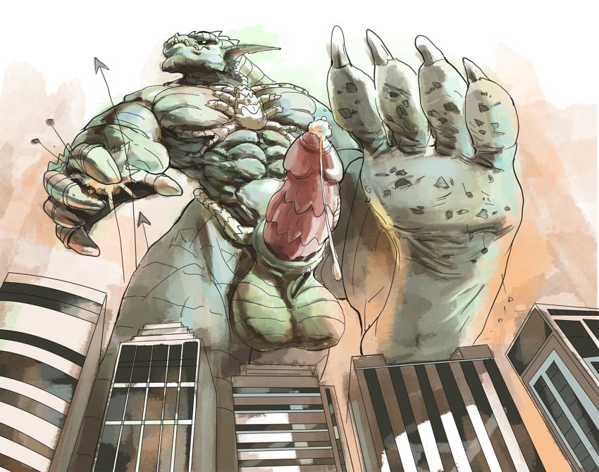 4_toes 5_fingers abrax_(pyronite) abs aircraft anthro balls barefoot biped blackestmanamultis bodily_fluids building building_destruction city city_background city_destruction cityscape claws crush destruction dirty dirty_feet erection extreme_size_difference feet finger_claws fingers genital_fluids genitals green_body hi_res humanoid_genitalia humanoid_penis landscape_dwarfing looming low-angle_view macro macro_anthro macro_male male monster muscular muscular_anthro muscular_male nude outside pawpads paws pecs penile penis precum pyronite(commissioner) rampage reptile scaled_penis scalie size_difference sky soles solo stomping stomping_pov tail teeth toe_claws toes vehicle yellow_eyes