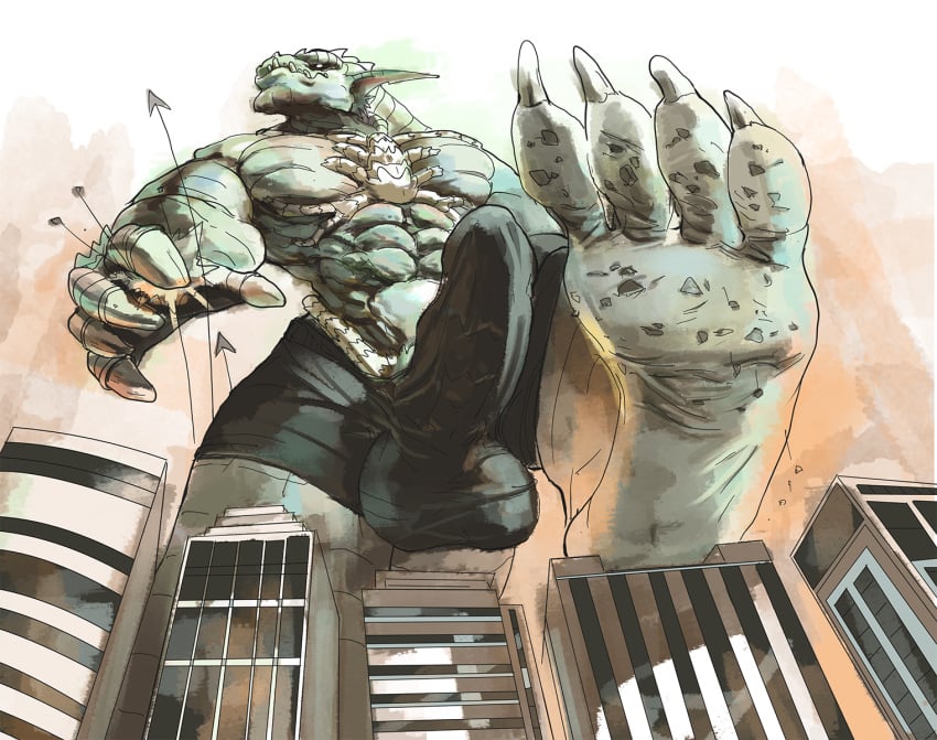 4_toes 5_fingers abrax_(pyronite) abs aircraft anthro balls balls_outline barefoot biceps biped black_briefs black_clothing black_underwear blackestmanamultis boxer_briefs briefs building building_destruction bulge city city_background city_destruction cityscape claws clothed clothing crush destruction detailed_bulge dirty dirty_feet erection erection_under_briefs extreme_size_difference feet finger_claws fingerless_gloves fingers genital_outline genitals gloves green_body handwear hi_res humanoid_genitalia humanoid_penis landscape_dwarfing looming low-angle_view macro macro_anthro macro_male male monster muscular muscular_anthro muscular_male outside pawpads paws pecs penis penis_outline pyronite(commissioner) rampage reptile scalie size_difference sky soles solo stomping stomping_pov tail teeth toe_claws toes topless underwear vehicle yellow_eyes