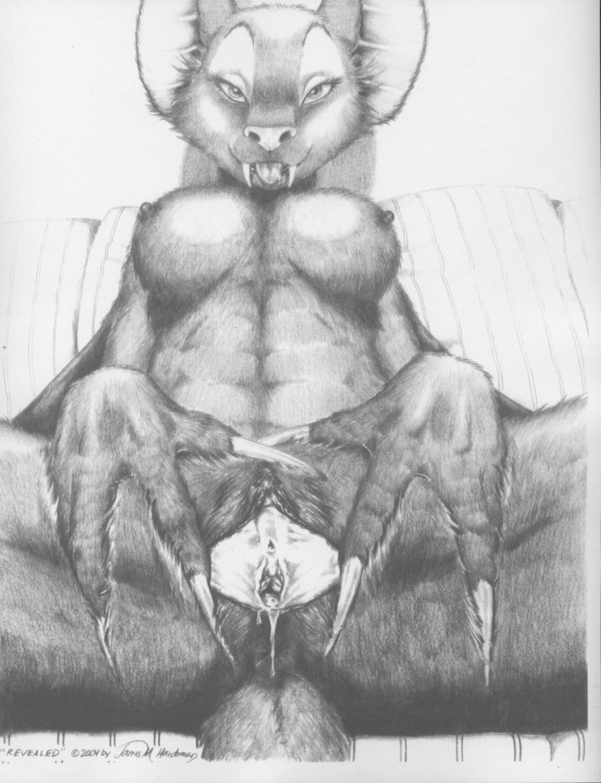 2004 anus bat black_and_white breasts claws fangs female inviting james_m_hardiman looking_at_viewer monochrome nude presenting pussy pussy_juice sitting solo spread_pussy spreading veronika