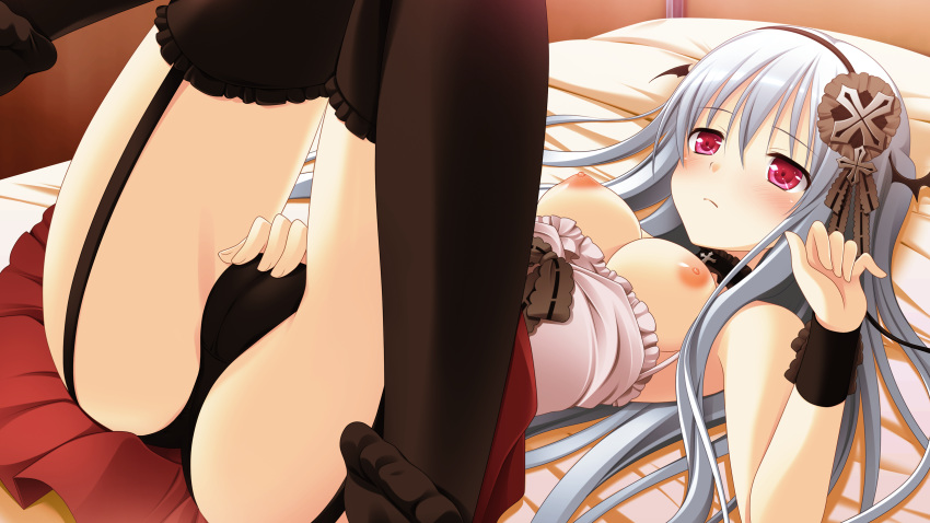 bed blush breasts game_cg gray_hair long_hair makita_maki nipples panties shinigami_no_testament underwear vivi_alhazerd