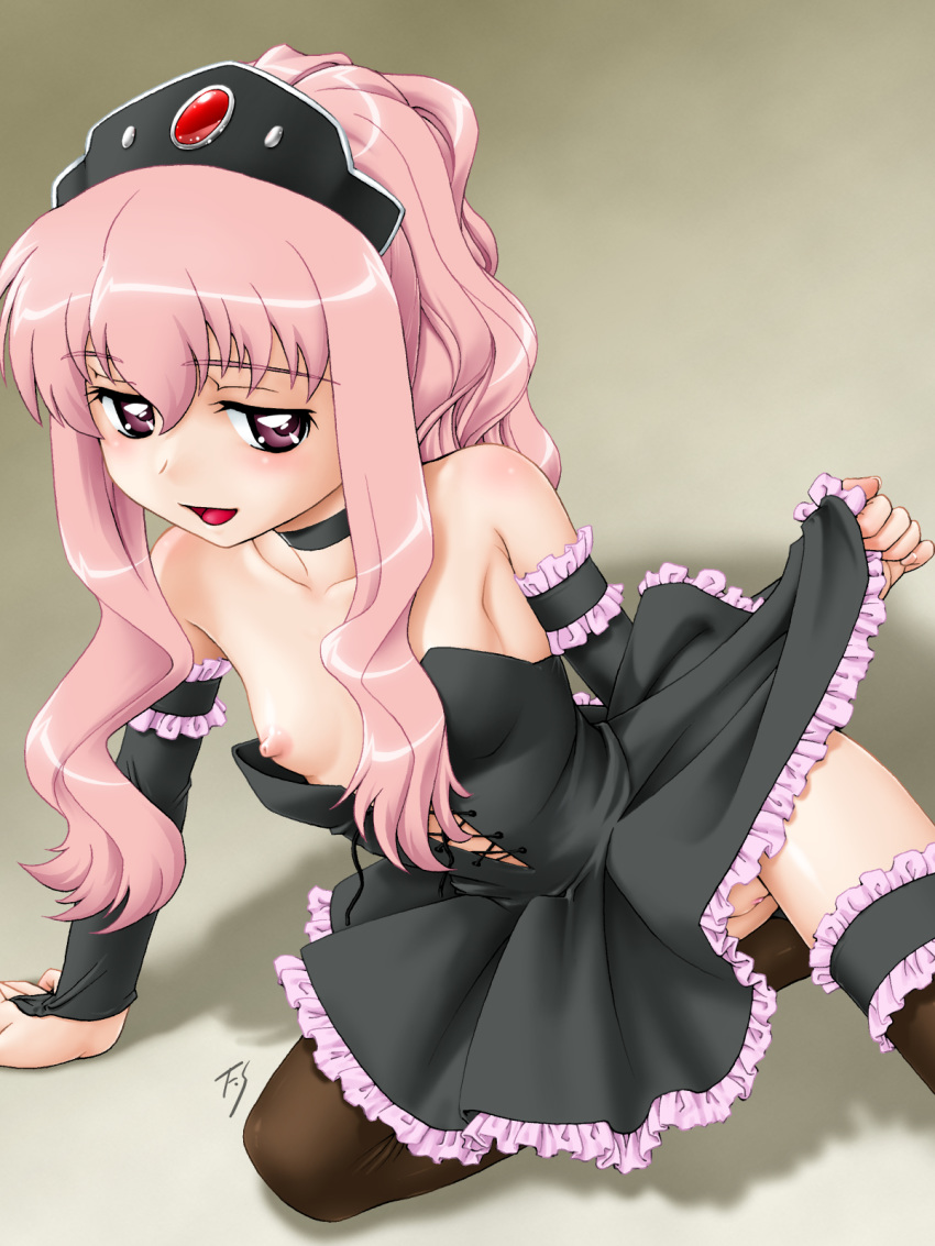 1girls arm_garter arm_support black_dress black_legwear black_thighhighs blush bottomless breasts bridal_gauntlets choker clothed clothed_female clothing collarbone dress dress_lift female female_focus female_only fuji_shinobu garters hair_ornament highres invitation kneeling long_hair louise_francoise_le_blanc_de_la_valliere naughty_face nipple_slip nipples no_panties on_knees partially_clothed pink_eyes pink_hair pussy simple_background small_breasts solo solo_female stockings thighhighs waitress zero_no_tsukaima