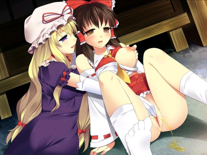 artist_request blonde_hair blush breasts censored female multiple_girls nipple nipples peeing pussy reimu_hakurei touhou yukari_yakumo yuri