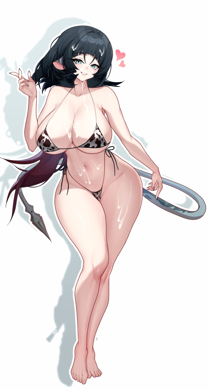 1girl absurdres animal_ears animal_print barefoot bikini black_hair breasts cow_print cow_print_bikini cum cum_on_body cum_on_breasts cum_on_hair cum_on_legs cum_on_stomach facial feet full_body hand_up heart highres jane_doe_(zenless_zone_zero) kuneko_art large_breasts long_hair looking_at_viewer mouse_ears mouse_girl mouse_tail multicolored_hair navel print_bikini red_hair shadow sharp_tail simple_background solo swimsuit tail thighs toes very_long_tail white_background zenless_zone_zero