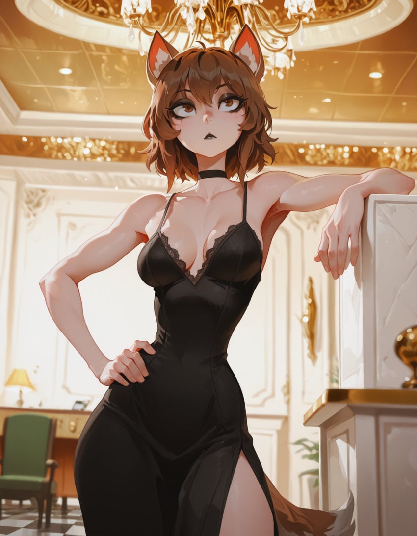 1girl :< ai_generated animal_ear_fluff animal_ears armpits bare_arms bare_shoulders black_choker black_dress breasts brown_eyes brown_hair chandelier choker cleavage collarbone covered_navel cowboy_shot dress dungeon_ni_deai_wo_motomeru_no_wa_machigatteiru_darou_ka fresk0n hand_on_own_hip indoors liliruca_arde medium_breasts short_hair side_slit sleeveless sleeveless_dress solo standing tail