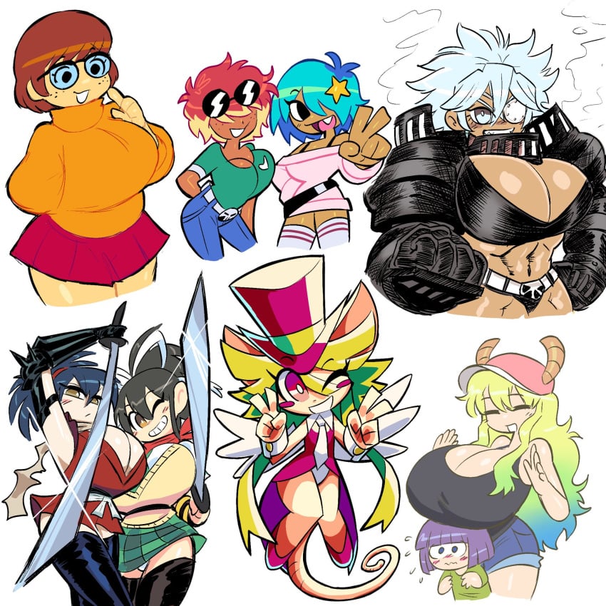 asuka_(senran_kagura) big_boobs big_breasts breasts_bigger_than_head breasts_on_head dark-skinned_female debonair_diamond eye_patch freckles ilikestuffdoyou katana light-skinned_female mad_rat_dead magatsuchi_shouta manyuu_chifusa manyuu_hikenchou miss_kobayashi's_dragon_maid muscle_mommy muscular muscular_female pantyshot peace_sign pulpdirector quetzalcoatl_(dragon_maid) rat_god_(mad_rat_dead) revealing_clothes scooby-doo senran_kagura shoulderless_sweater shoulderless_topwear tagme the_hunters_guild:_red_hood theguywhodrawsalot top_hat velma_dinkley wink