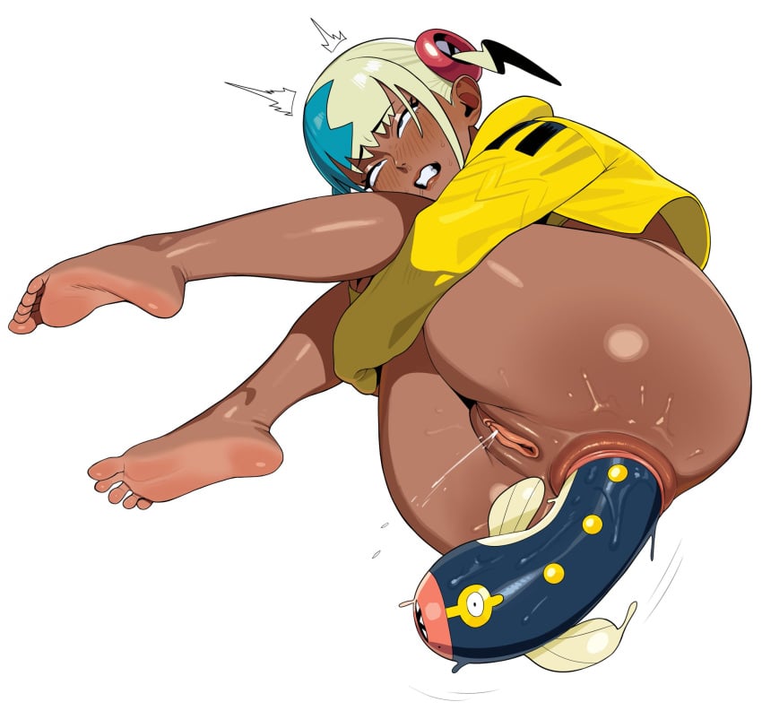 1girls anal anal_birth anal_expulsion anal_juice blushing bottomless canari_(pokemon) canary_(pokemon) creature_inside dark-skinned_female eel eelektross glazed_eyes gritting_teeth highres holding_legs nakge06 pokemon pokemon_(species) puffy_anus pussy pussy_juice squirting sweat