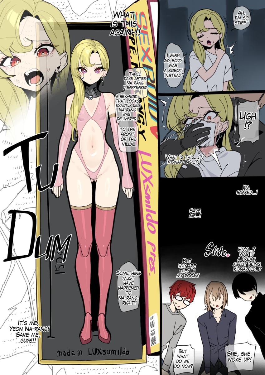 1girls 3boys blonde_female blonde_hair body_control collar comic comic_page doll doll_box doll_girl doll_transformation dollification english english_text female femsub helpless internal_monologue leotard luxsumildo male mind_control revealing_clothes robot_girl robot_transformation robotization sex_slave sex_toy_transformation sexaroid text transformation