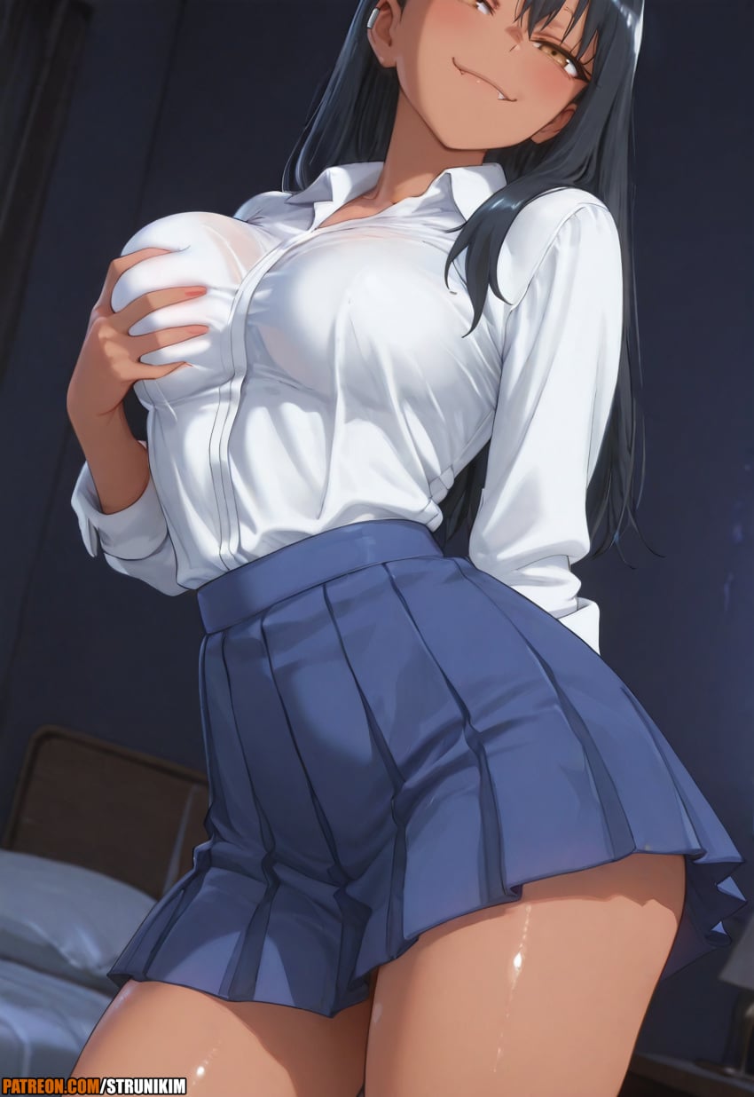 1girl 1girls ai_generated alternate_breast_size anime artist_name bed bedroom black_hair blue_skirt blush breasts brown_eyes closed_mouth collared_shirt contrapposto cowboy_shot dark-skinned_female dark_skin grabbing_own_breast hair_ornament hairclip hayase_nagatoro hi_res high_quality high_resolution highres indoors large_breasts long_hair long_sleeves looking_at_viewer patreon patreon_logo patreon_url patreon_username please_don't_bully_me,_nagatoro pleated_skirt school_uniform shirt shirt_tucked_in skirt smile solo strunikim thighs watermark web_address white_shirt