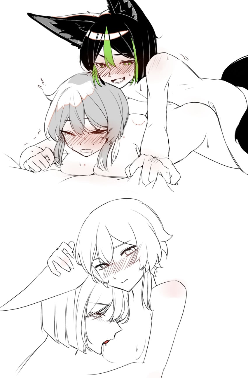 1boy 1girl bite_mark bite_mark_on_shoulder blush blush_lines breasts doggy_style female fox_boy fox_ears fox_tail genshin_impact green_eyes green_hair licking_breast licking_nipples lumine_(genshin_impact) male male/female on_stomach sex sheet_grab straight sucking_breasts sucking_nipples tail tighnari_(genshin_impact)