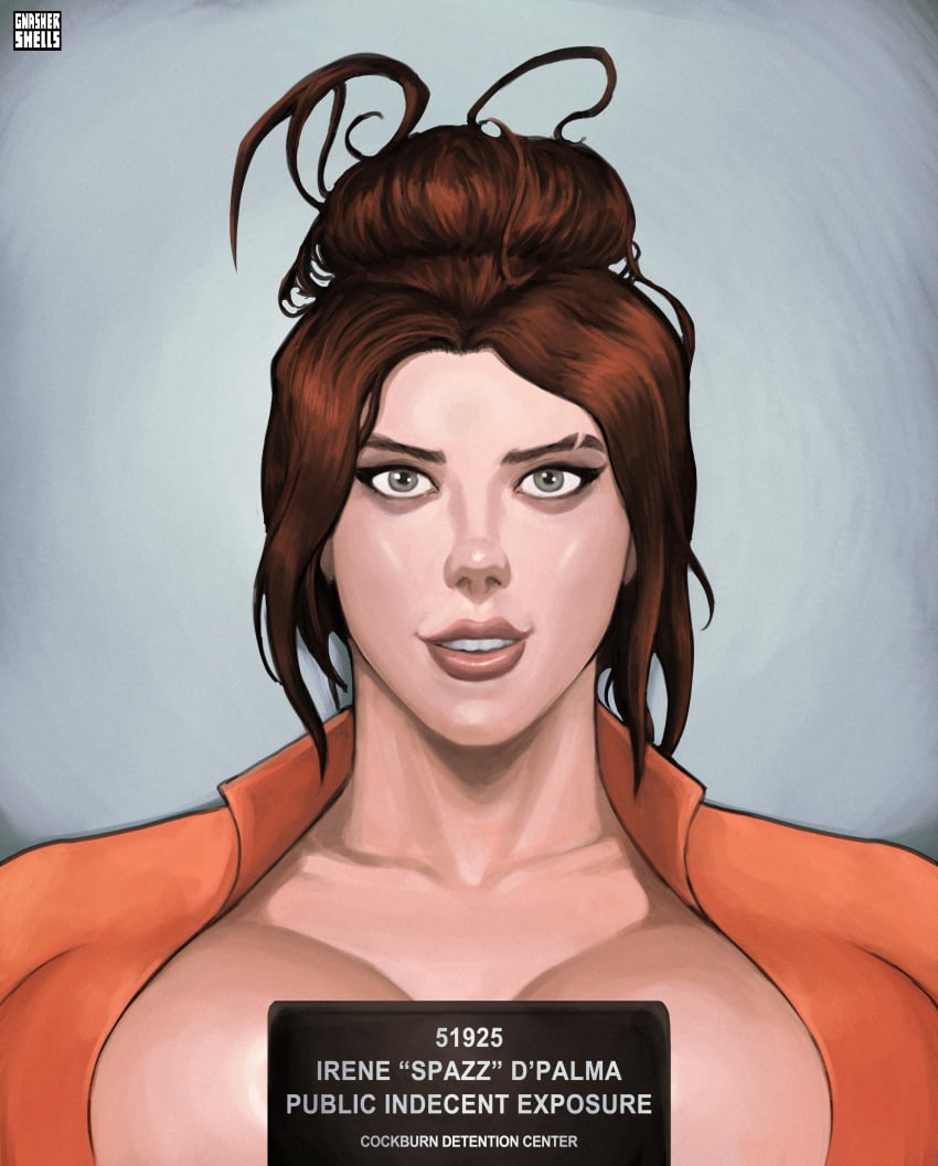 auburn_hair busty city_of_cockburn_(gnashershells) detained gnashershells green_eyes inmate inmates_clothing mugshot original_character spazz_(gnashershells)