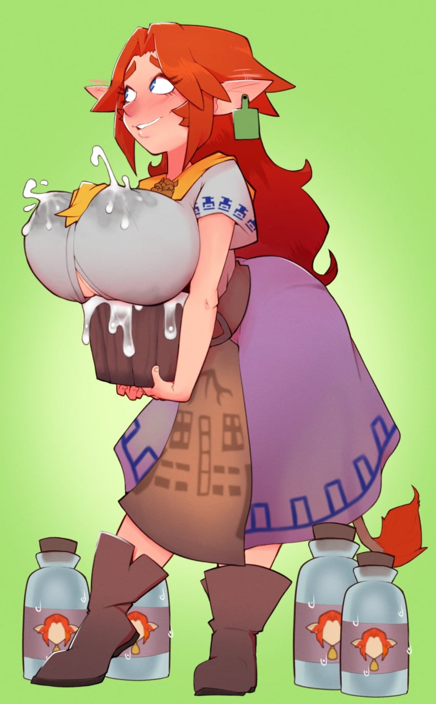 1girls artist_request big_breasts blue_eyes blush blushing breast_milk breast_milk_in_container breast_milk_squirting breasts breasts_bigger_than_head cow_girl cow_tag cow_tail ear_tag female female_focus female_only fully_clothed fully_clothed_female hucow lactating lactating_nipples lactation lactation_through_clothes large_breasts long_hair malon milk milk_bottle milk_squirt nipple_bulge nipples nipples_visible_through_clothing ocarina_of_time overflowing_breasts red_hair selling selling_milk solo solo_female solo_focus straining_clothing the_legend_of_zelda wardrobe_malfunction women_livestock