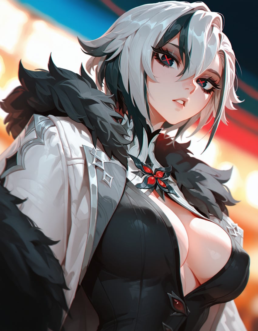 1girl ai_generated arlecchino_(genshin_impact) black_eyes black_hair blurry blurry_background breasts cleavage coat fresk0n fur-trimmed_coat fur_trim genshin_impact hair_between_eyes large_breasts looking_at_viewer multicolored_hair open_clothes parted_lips red_pupils short_hair solo streaked_hair symbol-shaped_pupils two-tone_hair upper_body white_coat white_hair x-shaped_pupils