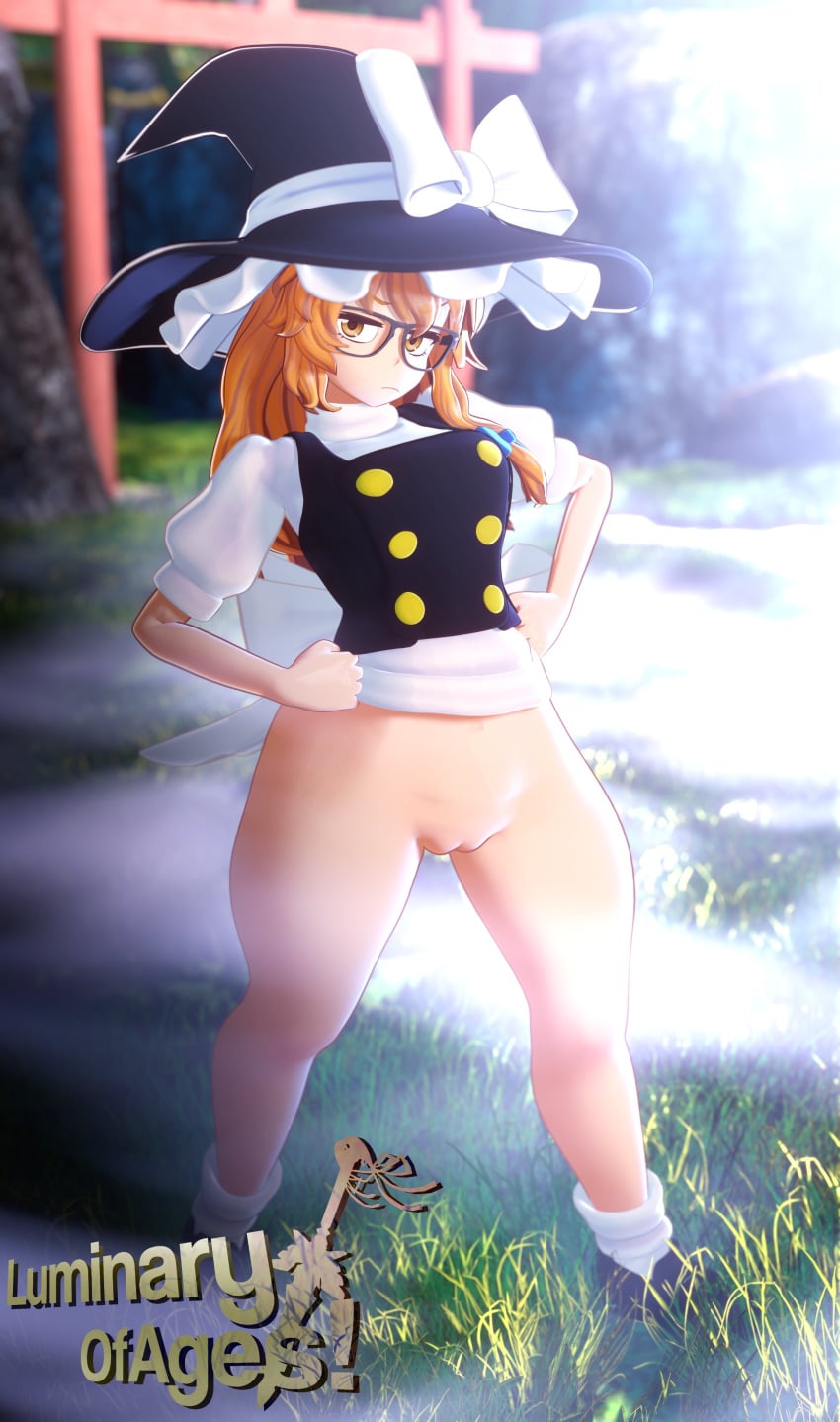 1girls 3d blonde_hair bottomless bottomless_female exposed_pussy glasses hat luminaryofages marisa_kirisame pussy shoes tagme touhou watermark