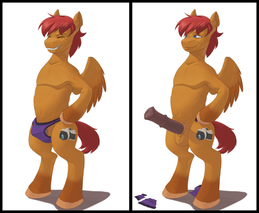 1boy balls blue_eyes camera_cutie_mark clenched_teeth clothing cutie_mark equine freckles hair horse kevinsano male male_only my_little_pony orange_body panties pegasus penis pony red_hair smile smooth_skin snapshot solo teeth underwear wings