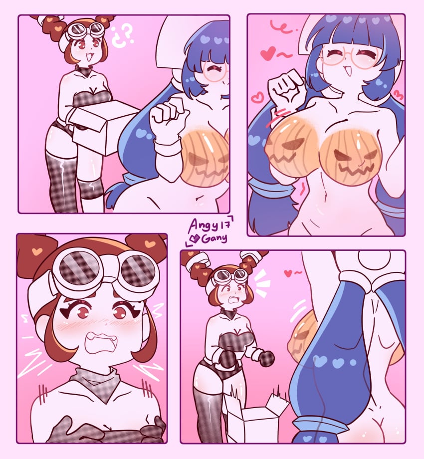 2girls 4koma batch glasses gluko halloween large_breasts mon_colle_knights purple_hair red_hair rokumon_tengai_mon_colle_knight rokumon_tengai_mon_kore_naito