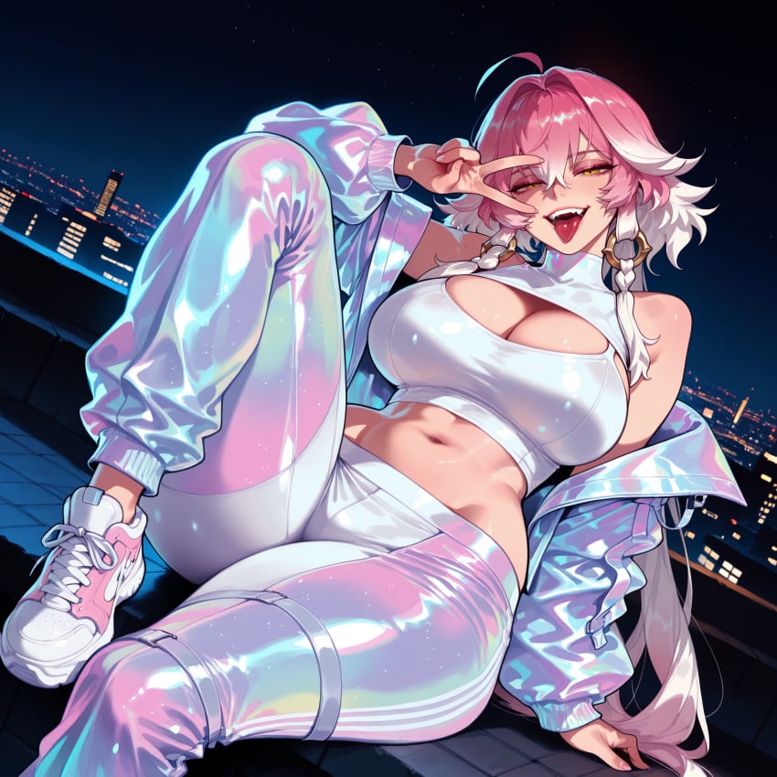1girl 1girls ahoge ai_generated balecxi bare_shoulders breasts changli_(wuthering_waves) city city_lights cityscape cleavage cleavage_cutout clothing clothing_cutout crop_top curvaceous curvaceous_female curvaceous_figure curvy curvy_figure fangs female female_focus footwear gradient_hair hair_between_eyes hair_intakes inviting inviting_to_sex jacket knee_up large_breasts long_hair looking_at_viewer midriff multicolored_hair navel night night_sky off_shoulder on_roof open_jacket open_mouth outdoors pants pink_footwear pink_hair presenting presenting_ass presenting_breasts presenting_hindquarters presenting_self rooftop seductive seductive_look seductive_smile shoes sitting sky smile sneakers solo sports_bra teeth thigh_strap thighs tight_clothes tongue tongue_out tongue_piercing two-tone_hair v v_over_eye voluptuous voluptuous_female white_footwear white_hair white_sports_bra wuthering_waves yellow_eyes