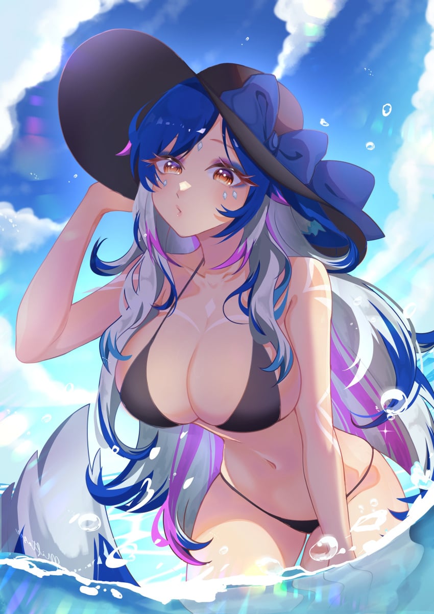 big_breasts bikini blue_hair character_request german_vtuber indie_virtual_youtuber lewdtuber long_hair skimpy_bikini summer_hat virtual_youtuber vtuber wolf_ears wolf_girl wolf_tail