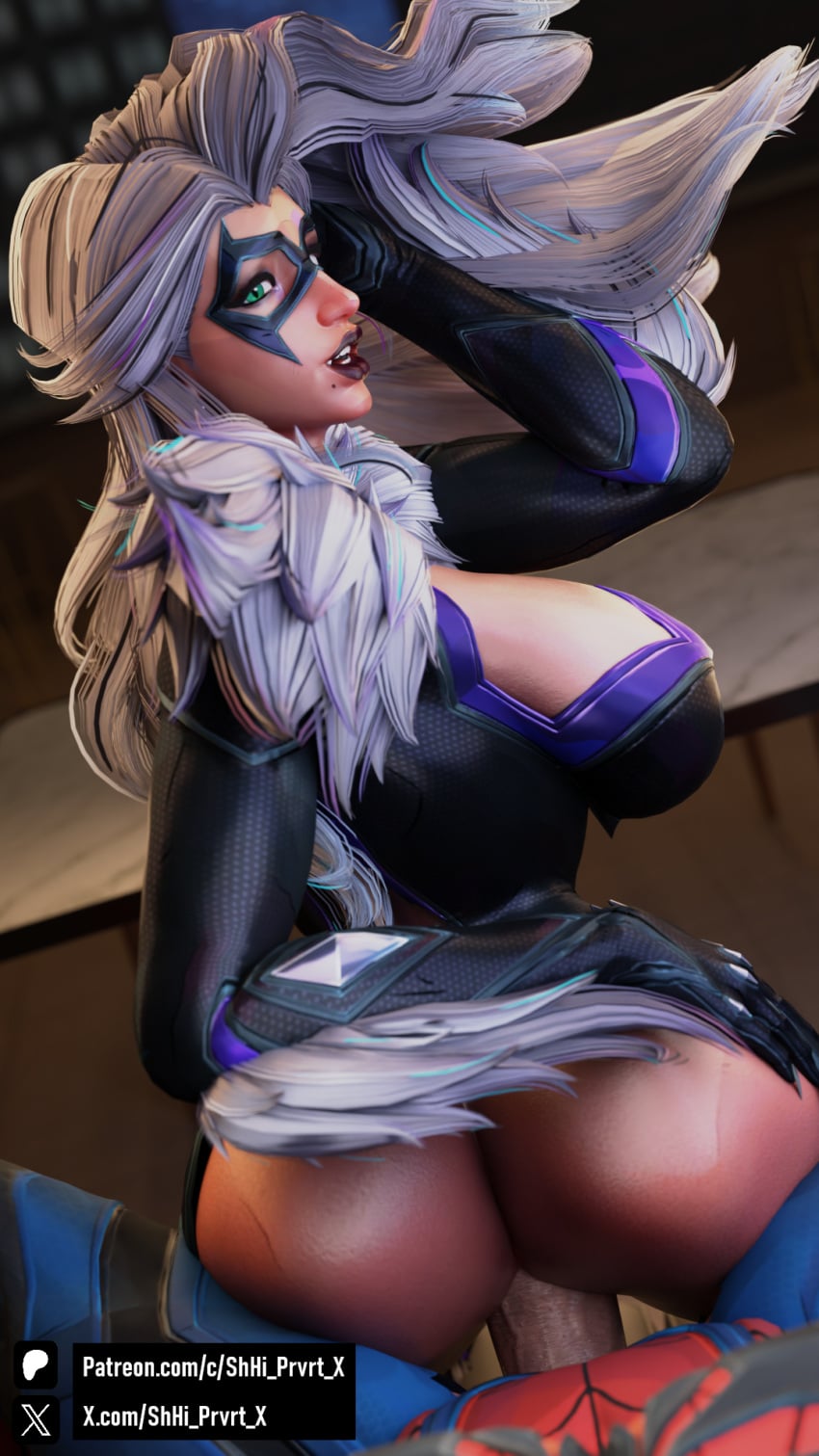 1boy 1girls 3d alternate_version_available ass black_cat_(marvel) black_cat_(marvel_rivals) blender blue_eyes boob_window cat_suit catgirl claws collar continuation domino_mask duo felicia_hardy girl_on_top grabbing_own_ass latex latex_bodysuit latex_catsuit lipstick looking_back_at_viewer marvel marvel_comics marvel_rivals mask masked_female masked_male muscular_male on_couch partially_clothed peter_parker riding riding_penis rooftop shhi_prvrt_x spider-man spider-man_(marvel_rivals) spider-man_(series) superhero superheroine thief vaginal vaginal_sex voluptuous white_fur white_hair