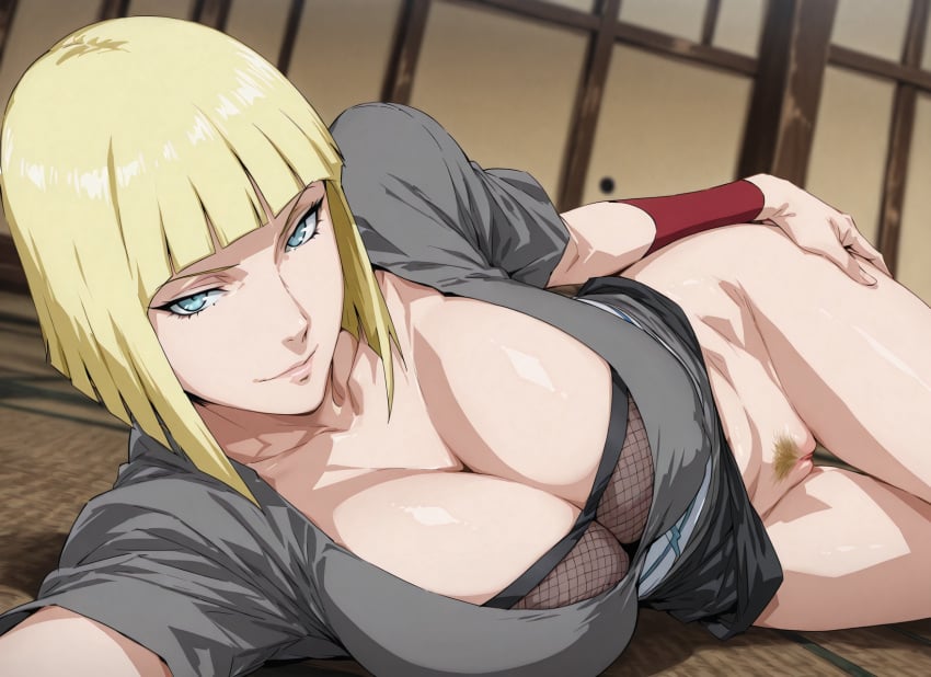 ai_generated big_breasts exposed_pussy hairy_pussy half_naked hand_on_thigh laying_on_ground laying_on_side naruto_(series) no_panties pubic_hair samui smiling_at_viewer