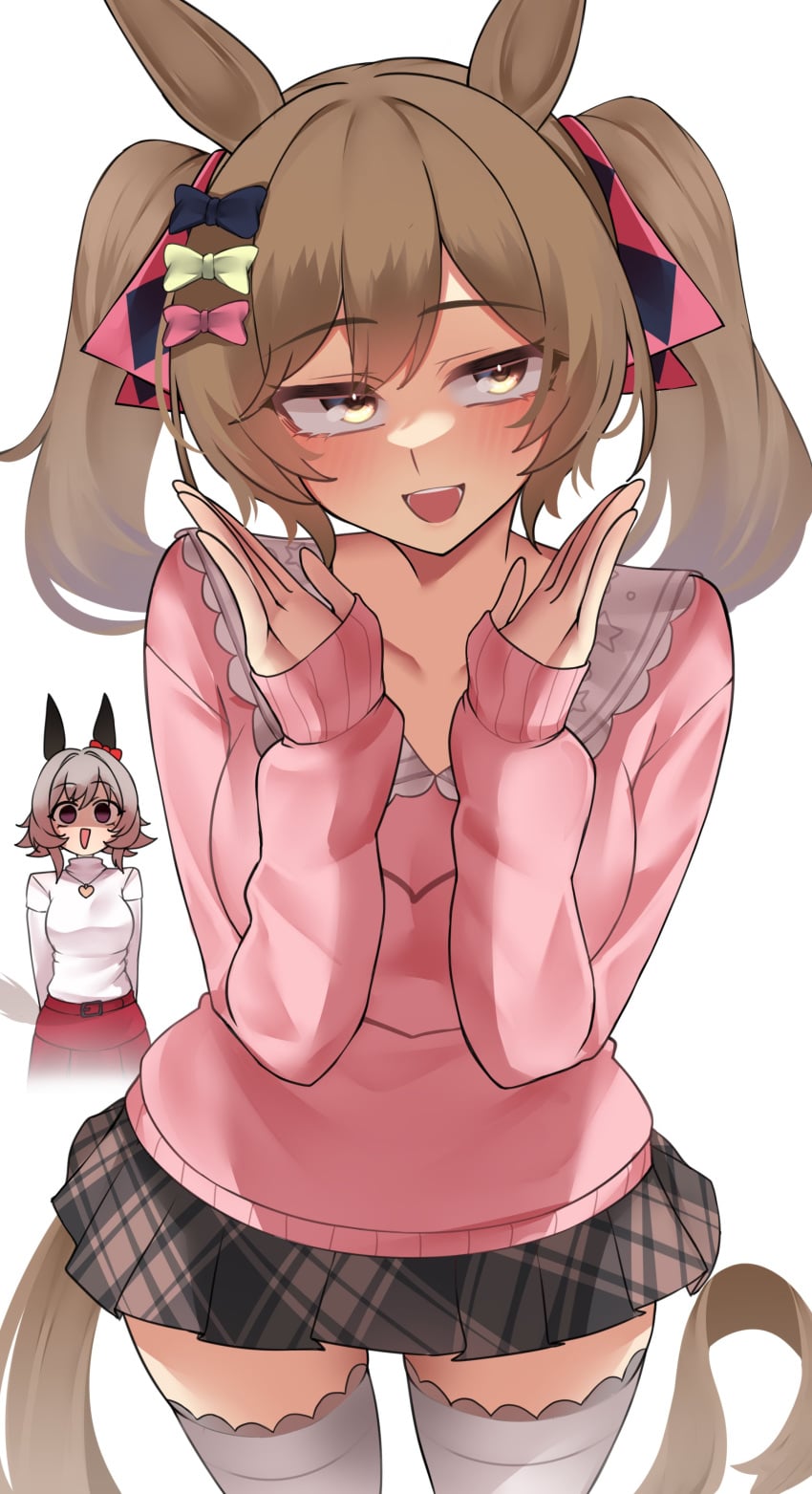 0ha 2girls black_skirt blush brown_eyes brown_hair curren_chan_(umamusume) grey_hair hands_up horse_ears horse_girl horse_tail looking_at_viewer multiple_girls open_mouth pink_shirt pink_thighhighs purple_eyes red_skirt short_hair smart_falcon_(umamusume) smile solo_focus twintails umamusume umamusume_pretty_derby white_shirt xkittyzx