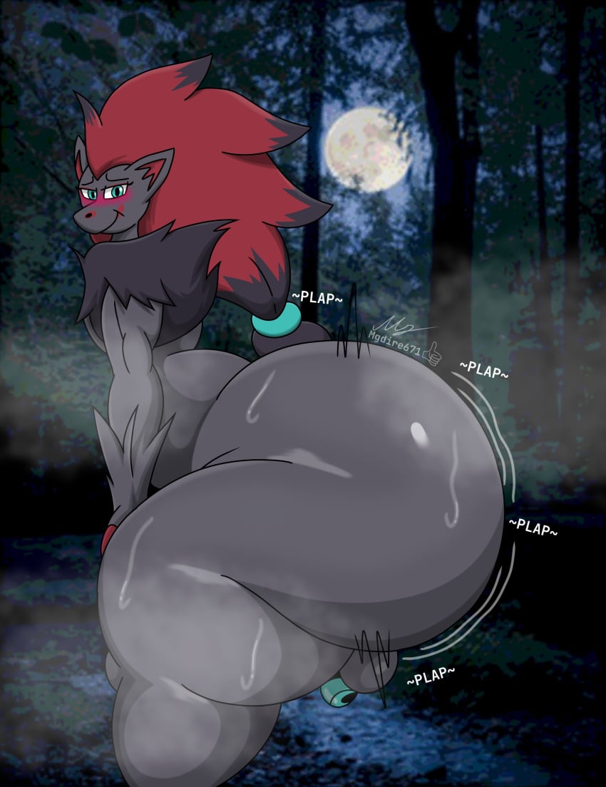 1boy 1femboy 2026 absurd_res anthro balls big_butt blue_eyes blush bodily_fluids bubble_butt butt chastity chastity_cage chastity_device digital_media_(artwork) eyelashes femboy forest fur furry gay generation_5_pokemon girly grey_body grey_fur hi_res huge_butt looking_at_viewer male male_focus male_only male_solo mammal mgdire671 moon night night_sky nintendo onomatopoeia pinup plap plap_(sound) pokemon pokemon_(species) pose red_hair sexy shaking_ass shaking_butt smile solo sound_effects steam sweat sweaty sweaty_ass sweaty_butt sweaty_thighs thick_thighs twerk twerking wide_hips zoroark