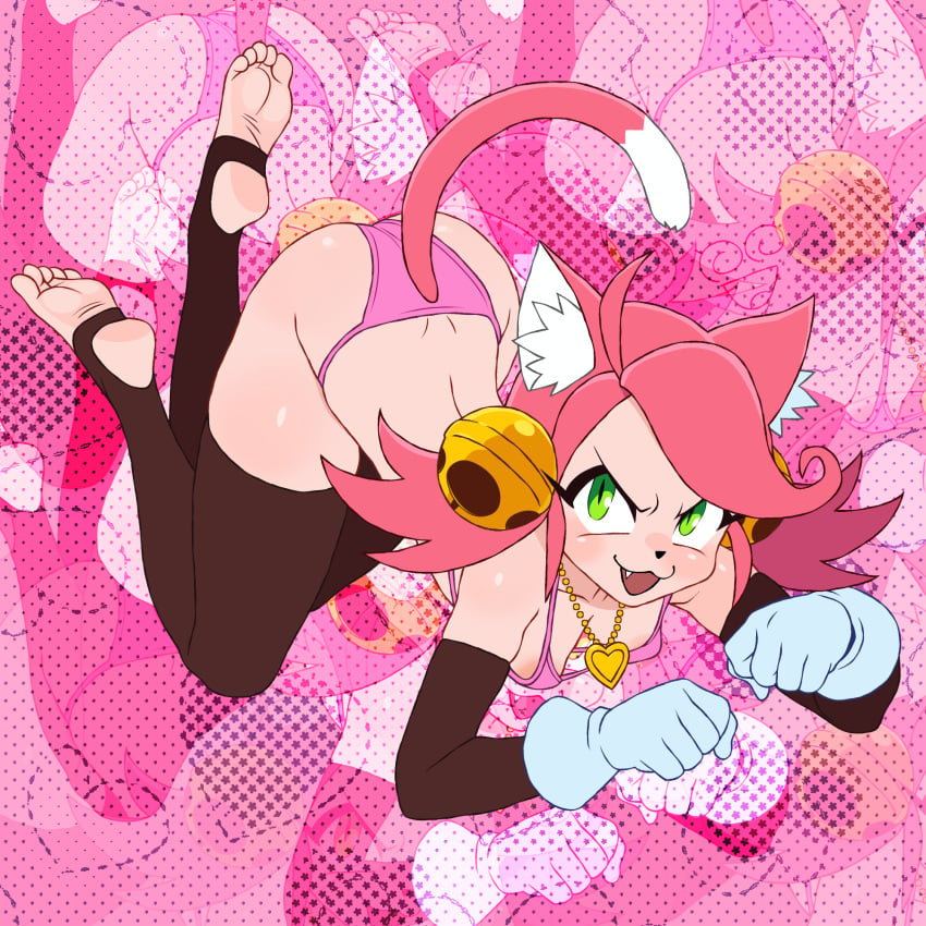 1:1 abstract_background absurd_res anthro arm_gloves ass_up background bell black_legwear butt catgirl collar digital_media_(artwork) explicit feet feline female green_eyes heart_necklace kerotheklutz lingerie looking_back mad_mew_mew nsfw open_mouth pink_(deltarune) pink_fur pink_hair pink_panties pink_theme raised_tail rating_explicit rule_34 smiling soles solo thighhighs tongue_out watermark white_gloves