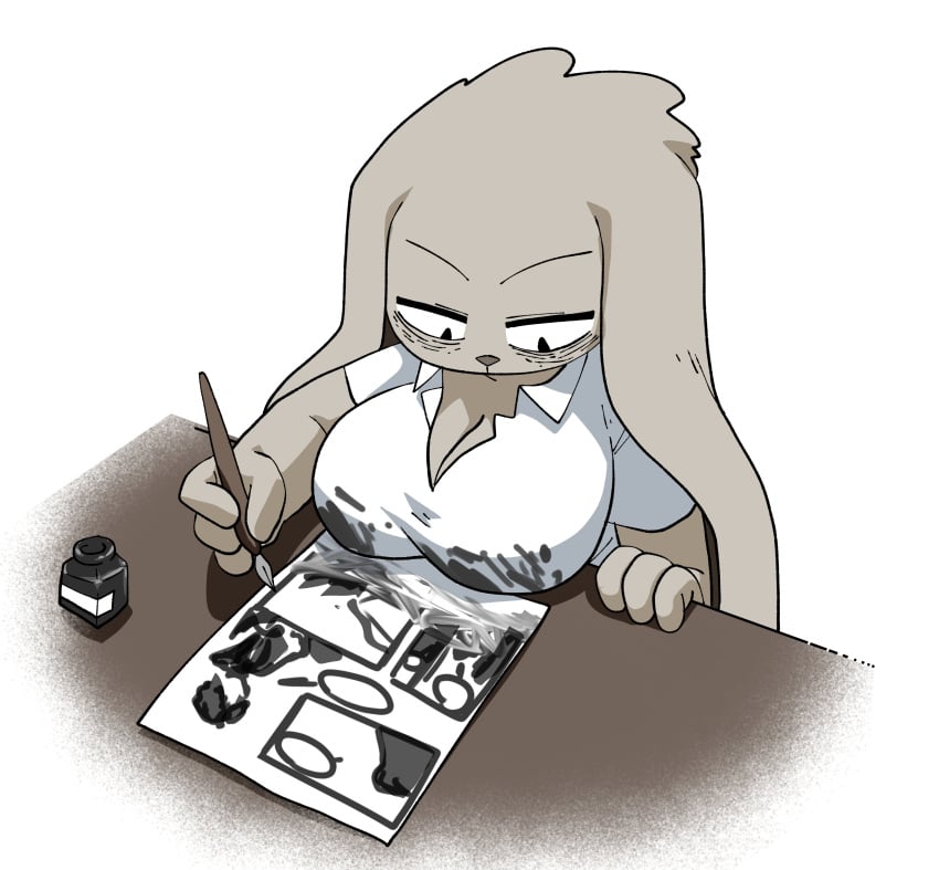 1girls animal animal_ears animal_nose anthro bags_under_eyes black_eyes body_fur breast_rest breasts breasts_on_table calligraphy_brush canela_(inkershike) cleavage closed_mouth clothing collared_shirt constricted_pupils dirty drawing female furry furry_female grey_fur half-closed_eyes hand_up happy holding holding_brush holding_paintbrush huge_breasts ink inkershike inkwell large_breasts long_hair looking_down mammal mistake paint_on_clothes paintbrush paper rabbit_ears rabbit_girl shirt short_sleeves simple_background snout solo splatter table two-tone_fur upper_body v-shaped_eyebrows wet_clothes white_background white_fur white_shirt writing