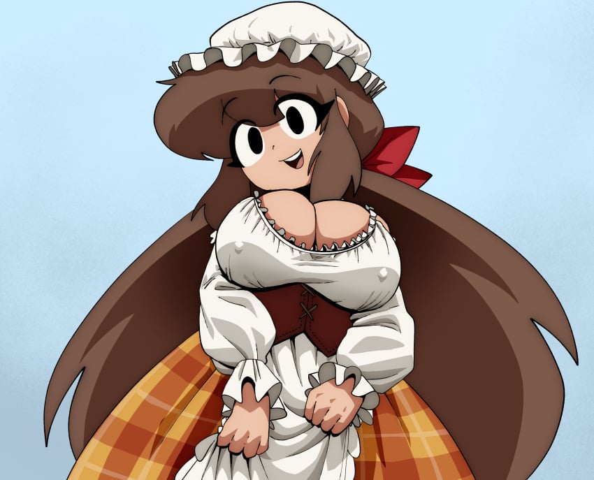 1girls apron black_eyes blue_background bow breasts brown_hair bursting_breasts cleavage clothing corset covered_nipples dress female frills hair_bow hat head_tilt huge_breasts inker_comics inkershike large_breasts long_hair long_sleeves looking_at_viewer mob_cap mona_(inker_comics) open_mouth plaid ribbon simple_background skirt smile solo very_long_hair waist_apron white_headwear