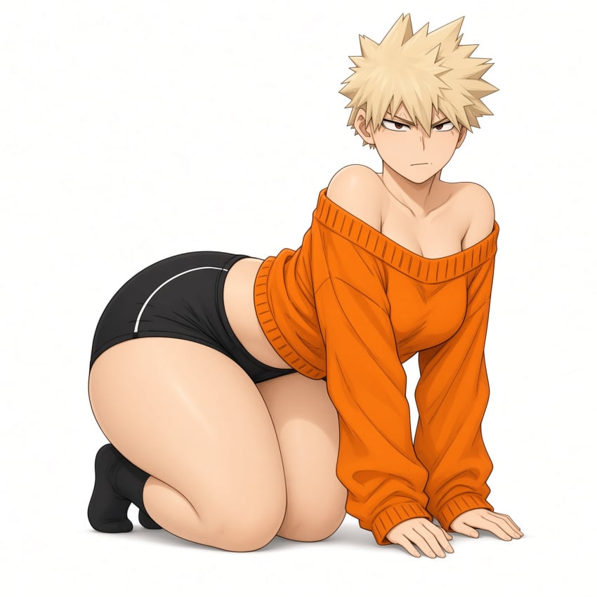 1boy artist_request bakugou_katsuki big_ass big_butt booty_shorts facing_viewer fat_ass femboy femboy_focus huge_ass huge_butt looking_at_viewer male male_only my_hero_academia on_hands_and_knees self_upload shaded solo sweater tagme thick_thighs vector_trace