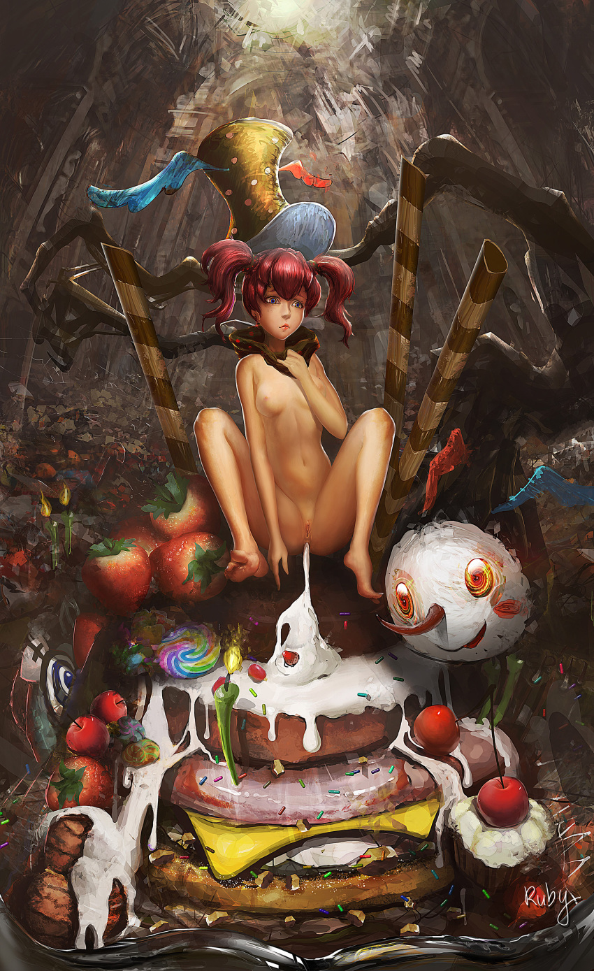 candle charlotte_(madoka_magica) doughnut high_resolution icing mahou_shoujo_madoka_magica multicolored_eyes nude personification pink_hair pussy rubyking scarf sexually_suggestive signature sprinkles sweets uncensored what