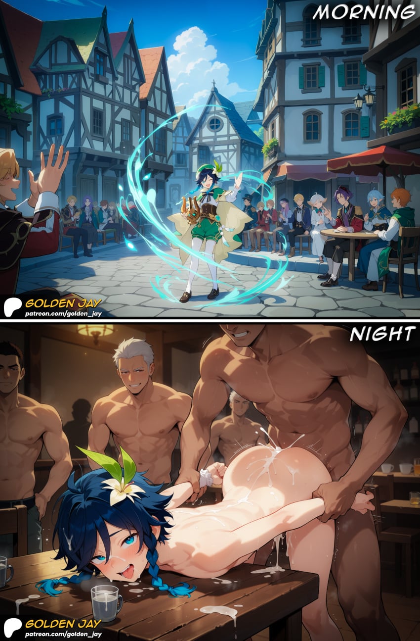 ahe_gao ai_generated anal big_ass blue_eyes braid comic cum cum_drip cum_in_ass cum_inside cum_on_face cum_on_ground dark-skinned_male dark_blue_hair doggy_style english_text femboy gay genshin_impact golden_jay manga muscular_male pale-skinned_male parody short_hair text trap venti_(genshin_impact) white_hair