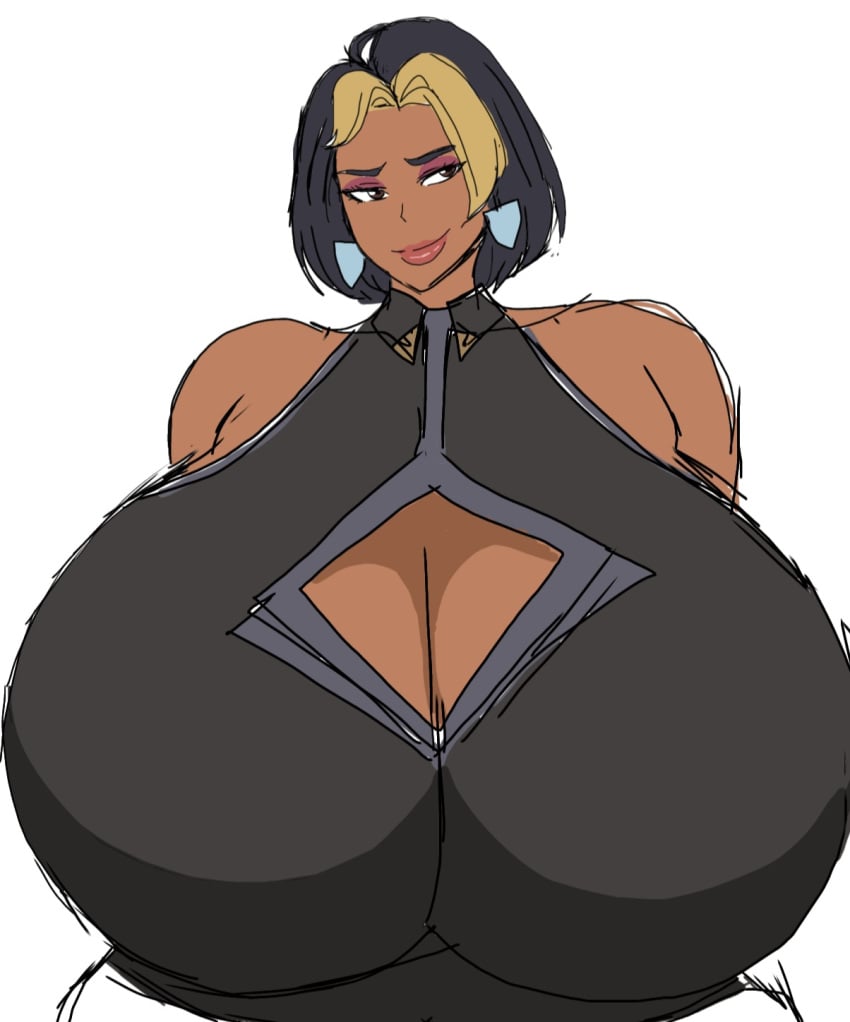 1girls 2d 2d_(artwork) alternate_breast_size big_breasts black_hair black_hair_female blizzard_entertainment breasts breasts_bigger_than_head brown_body brown_skin domina_(overwatch) enormous_breasts female female_only indian indian_female kissable_lips large_breasts momiji_(artist) overwatch short_hair short_hair_female smile smiling smiling_at_viewer solo solo_female solo_focus white_background